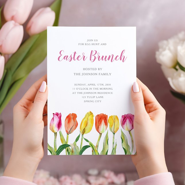 Elegant Blommigt Tulip Påsk Brunch Inbjudningar (Modern Purple Botanical Wreath Easter Brunch Invitation)
