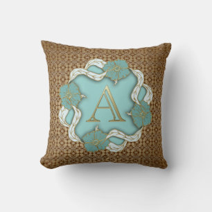 Elegant Blommigt Turquise guld monogram brev A Kudde