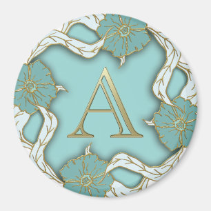 Elegant Blommigt Turquise guld monogram brev A Magnet