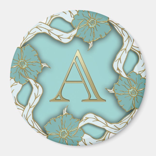 Elegant Blommigt Turquise guld monogram brev A Magnet (Framsidan)