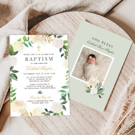 Elegant Blommigt Utandning Baptism Flicka Grönt Gu Inbjudningar