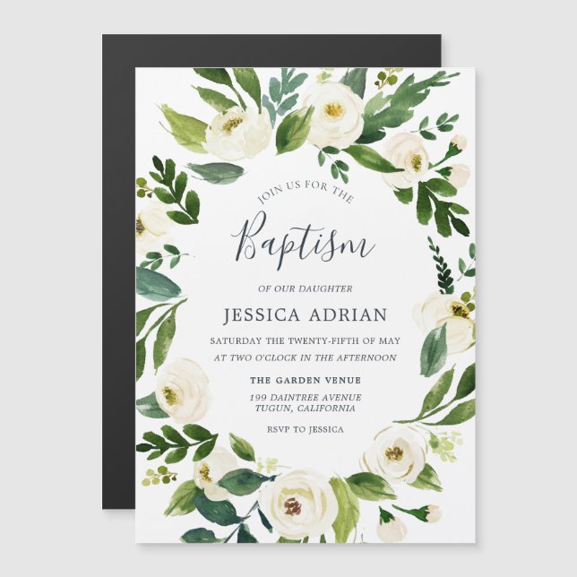Elegant Blommigt Utandning Inbjudan för aptism Magnetisk Inbjudningskort (Fram/baksida)