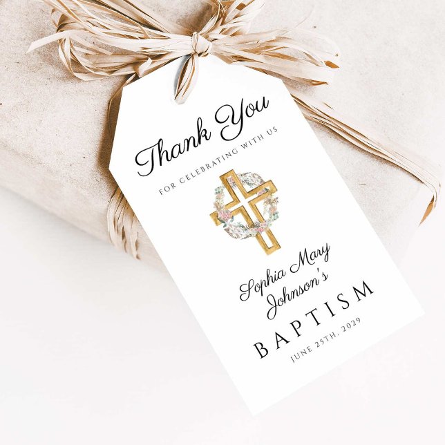 Elegant Blommigt Utandning Kor Baptism i Presentetikett (Elegant Floral Wreath Cross Baptism Gift Tags)