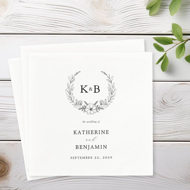 Elegant Blommigt Utandning Monogram Bröllop Pappersservett (Skapare uppladdad)