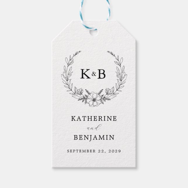 Elegant Blommigt Utandning Monogram Bröllop Presentetikett (Framsidan)