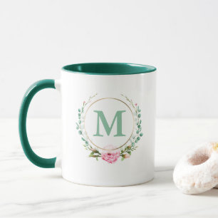 Elegant Blommigt Utandning Monogram Rosa ros Mugg