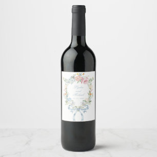 Elegant Blommigt Utandning Vapensköld Monogram Brö Vinflaska Etikett