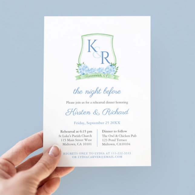 Elegant Blommigt Vapensköld Bröllop Rehearsal Inbjudningar (Watercolor Green And Blue Monogram Crest Wedding Rehearsal Dinner invitation mockup)
