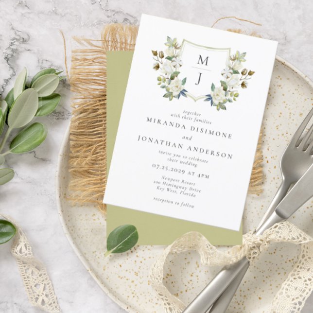 Elegant Blommigt Vapensköld Grönt Monogram Bröllop Inbjudningar (Skapare uppladdad)