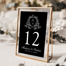 Elegant Blommigt Vapensköld Monogram Black Bröllop Bordsnummer