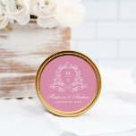 Elegant Blommigt Vapensköld Monogram Rosa Bröllop Runt Klistermärke<br><div class="desc">Lägg till en söt och snyggt vid bröllop-skrivbordet med de här monogramklistermärkena för anpassningsbar, med en vit blommigt vapensköld och en fin vit kalligrafi på mjuk rosa. Med initialer, namn och bröllop är dessa klistermärken perfekt för att försegla höljen, dekorera möhippor eller förbättra välkomstpåsar för bröllop - idealiska för rosa-temat...</div>