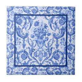 Elegant blommigt vas Blue toile de jouy monogram Kakelplatta