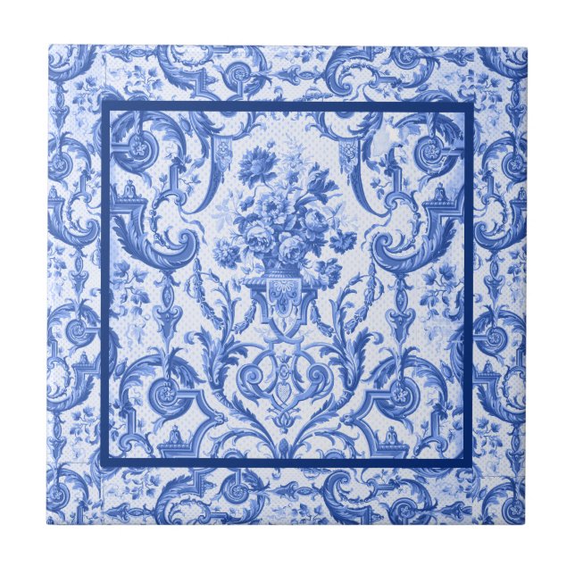 Elegant blommigt vas Blue toile de jouy monogram Kakelplatta (Framsidan)