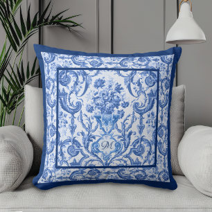 Elegant blommigt vas Blue toile de jouy monogram Kudde