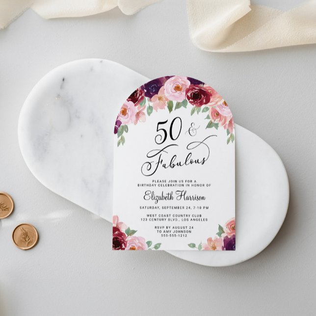 Elegant Blommigt Vattenfärg 50:e Födelsedagsfesten Inbjudningar (Skapare uppladdad)