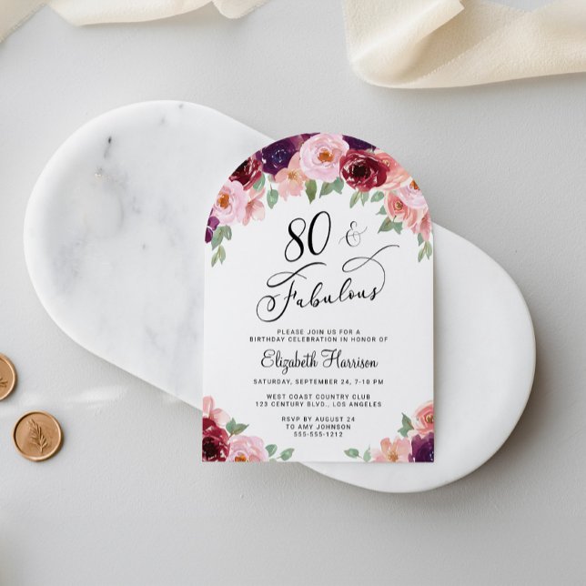 Elegant Blommigt Vattenfärg 80:e Födelsedagsfesten Inbjudningar (Skapare uppladdad)