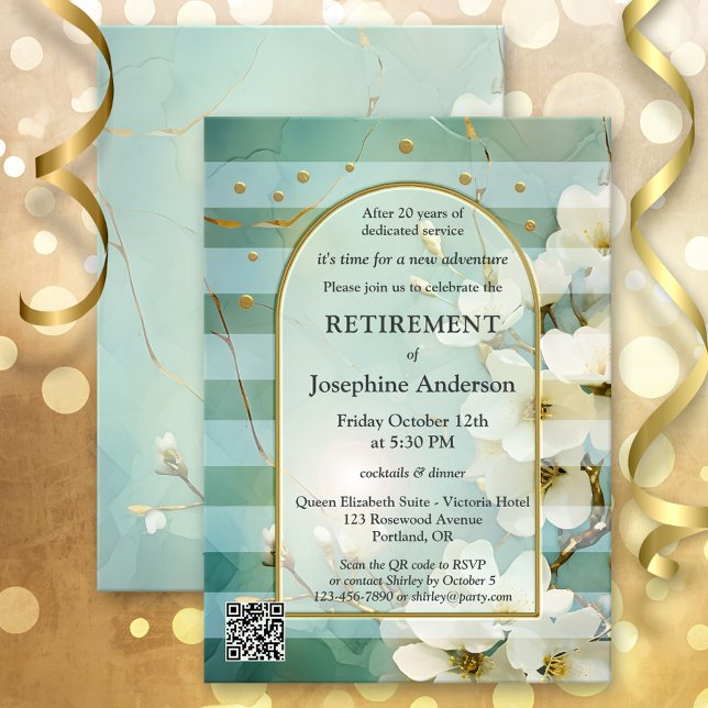 Elegant Blommigt Vattenfärg Art Pension Party Inbjudningar (Retirement party invitation featuring watercolor flowers on a retro striped design in teal and gold)