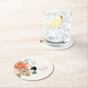 Elegant Blommigt Vattenfärg par Initialer Bröllop Underlägg Papper Rund