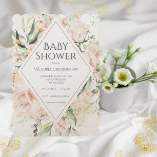 Elegant Blommigt Vattenfärg Scalloped Shimmer Baby Inbjudningar