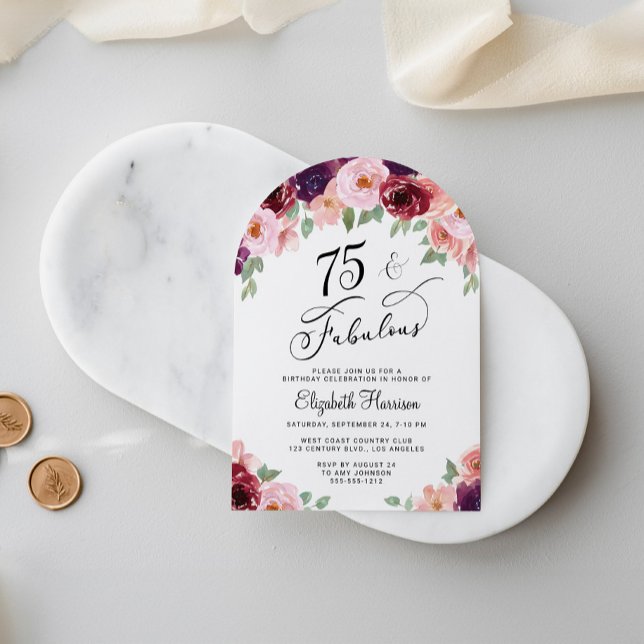 Elegant Blommigt Vattenfärgsbild 75:e Födelsedagsf Inbjudningar (Skapare uppladdad)