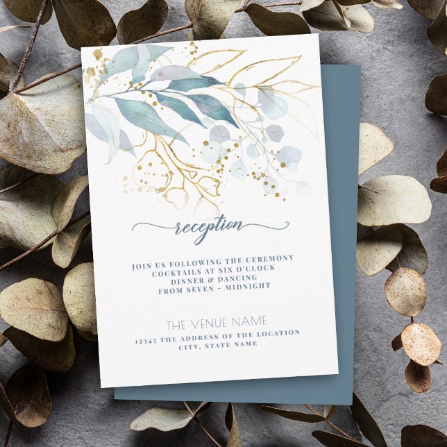 Elegant Blommigt Vattenfärgsblått Guld-reception Tilläggskort (Elegant dusty blue greenery with gold accent makes the perfect reception card for your boho wedding)