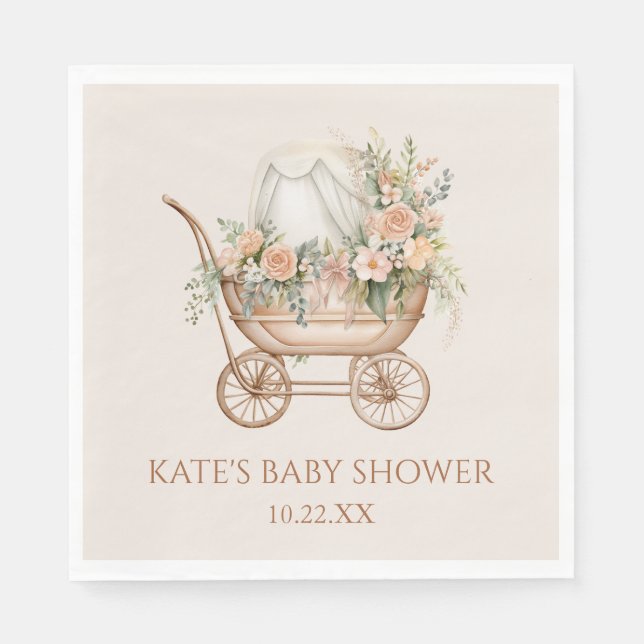 Elegant Blommigt Vintage Baby Carriage Baby Shower Pappersservett (Framsidan)