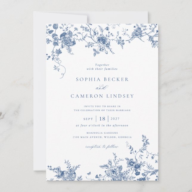 Elegant Blommigt Vintage Botaniskt marinblå Bröllo Inbjudningar (Framsida)