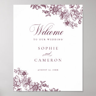 Elegant Blommigt Vintage Burgundy Bröllop Välkomme Poster