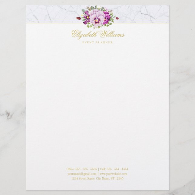 Elegant Blommigt Vintage Chic Pansies Lila Marble Brevhuvud (Framsida)