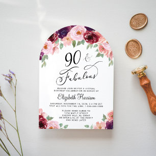 Elegant Blommigt Virtuell 90:e Födelsedagsfest Arc Inbjudningar