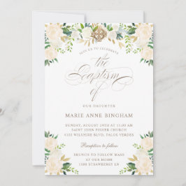 Elegant Blommigt Vita Beige Calligraphy Baptism Inbjudningar