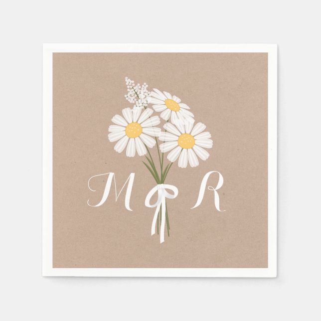 Elegant Blommigt Vita Daisy Monogram Bröllop Pappersservett (Framsidan)