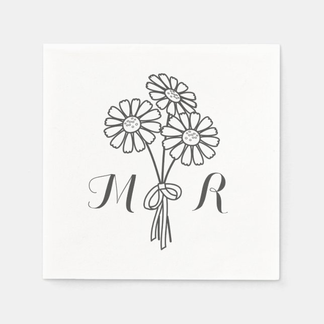Elegant Blommigt Vita Daisy Monogram Bröllop Pappersservett (Framsidan)