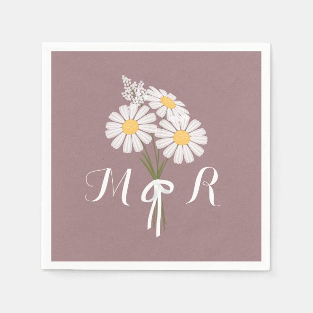 Elegant Blommigt Vita Daisy Monogram Bröllop Pappersservett (Framsidan)