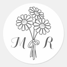 Elegant Blommigt Vita Daisy Monogram Bröllop Runt Klistermärke