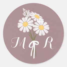 Elegant Blommigt Vita Daisy Monogram Bröllop Runt Klistermärke
