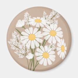 Elegant Blommigt Vita Daisy på Beige Magnet