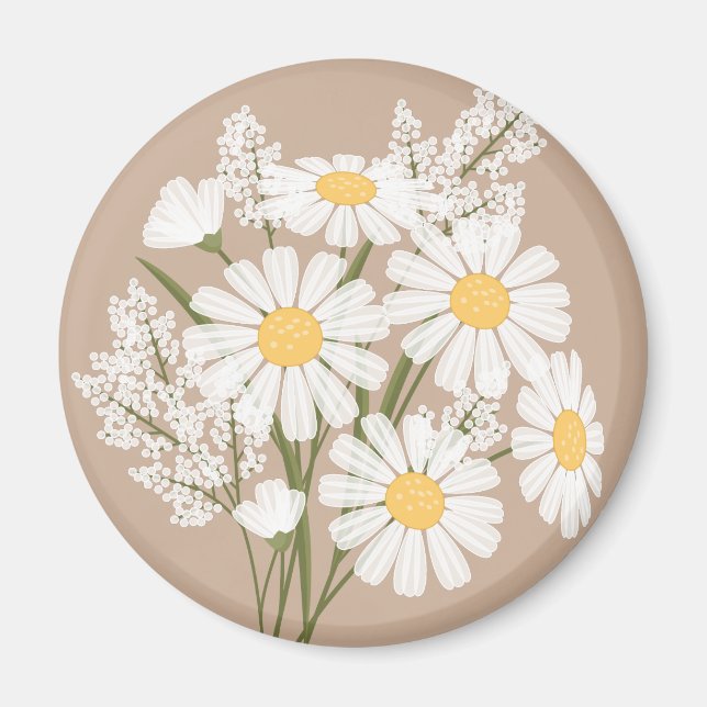 Elegant Blommigt Vita Daisy på Beige Magnet (Framsidan)