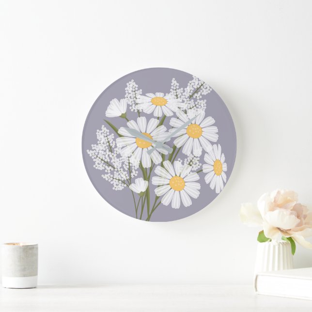 Elegant Blommigt Vita Daisy på Lavender Stor Klocka (Hem)
