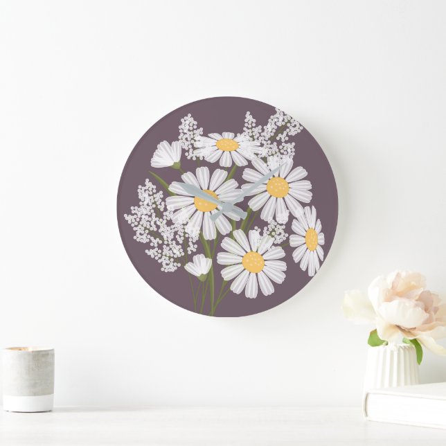 Elegant Blommigt Vita Daisy på Mörkens Lila Stor Klocka (Hem)