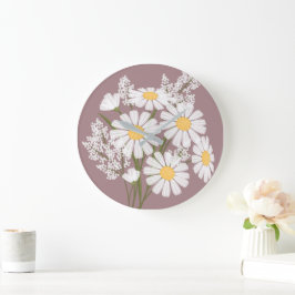 Elegant Blommigt Vita Daisy på Rosy Brown Stor Klocka