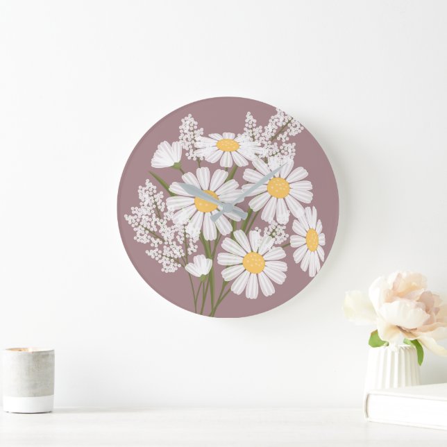 Elegant Blommigt Vita Daisy på Rosy Brown Stor Klocka (Hem)
