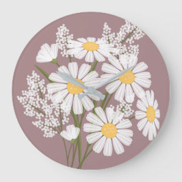 Elegant Blommigt Vita Daisy på Rosy Brown Stor Klocka