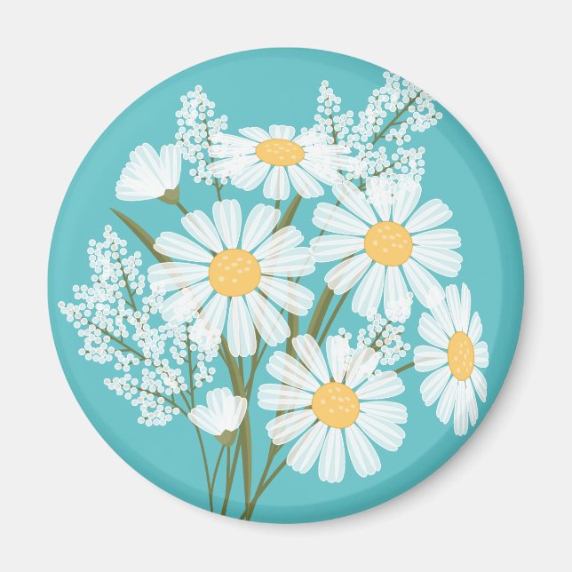 Elegant Blommigt Vita Daisy på Teal Magnet (Framsidan)