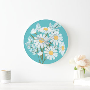 Elegant Blommigt Vita Daisy på Teal Stor Klocka