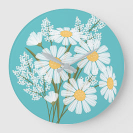 Elegant Blommigt Vita Daisy på Teal Stor Klocka