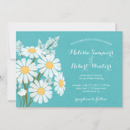 Elegant Blommigt Vita Daisy Teal Bröllop Inbjudningar