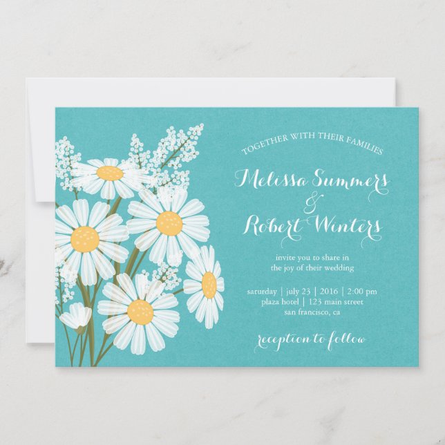 Elegant Blommigt Vita Daisy Teal Bröllop Inbjudningar (Framsida)