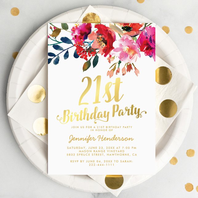 Elegant Blommigt Vita Guld 21:a födelsedagen Party Inbjudningar (Skapare uppladdad)