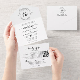 Elegant Blommigt Vitmonogram QR-kod Bröllop